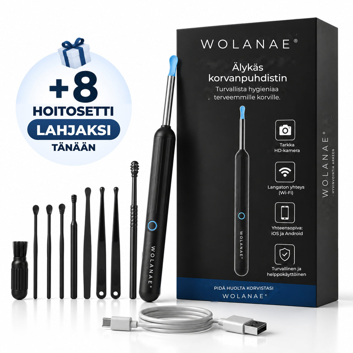 Wolanae älykäs korvanpuhdistin HD-kameralla ja hoitosetillä